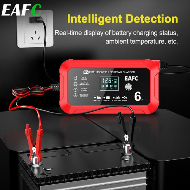 EAFC Smart Batterie Ladegerät 6A 12V mit LCD-Display und Puls-Reparaturfunktion für Blei-Säure-Batterien in Rot - Bild 1