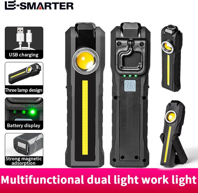 ESMARTER Magnetische LED Arbeitslampe mit COB-Flutlicht, USB wiederaufladbare Taschenlampe in Schwarz mit Haken und 4 Beleuchtungsmodi - Bild 1