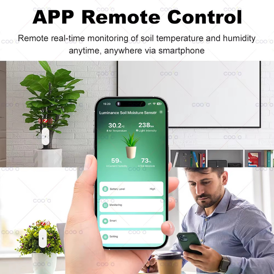 Coolo Tuya Zigbee Bodenfeuchtigkeitssensor mit Temperatur- und Luftfeuchtigkeitsmessung, 3-in-1 bis 5-in-1 Pflanzensensor für Bodenwasser-Mangel-Test, Farbe: Weiß - Bild 3