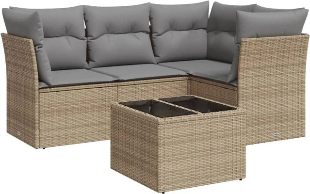 vidaXL 5-teilige Garten-Sofagarnitur in Beige-Grau aus Poly-Rattan mit L-Form, Sitzkissen und Stauraum - Bild 1