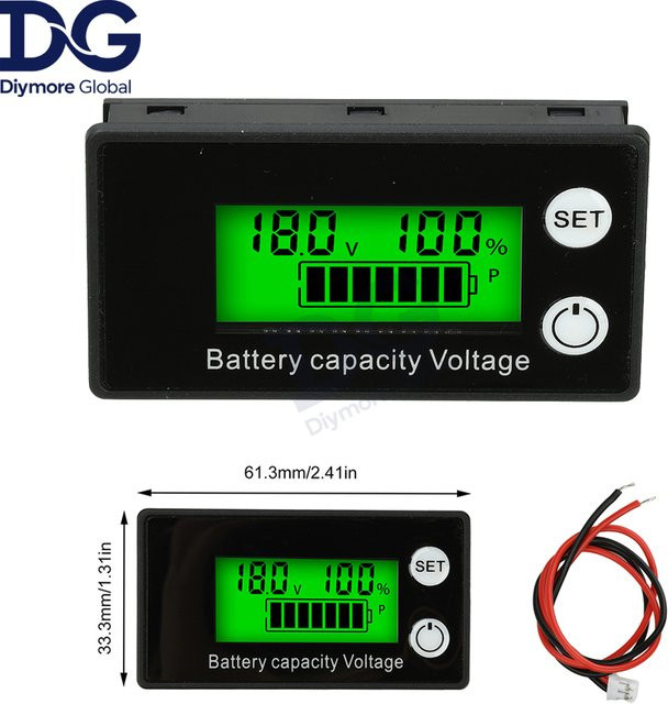 diymore 6133A DC8-100V Batteriemessgerät mit Alarm als Spannungsmesser und Lithium-Ionen-Batteriekapazitätsmonitor in Schwarz und Grün - Bild 1
