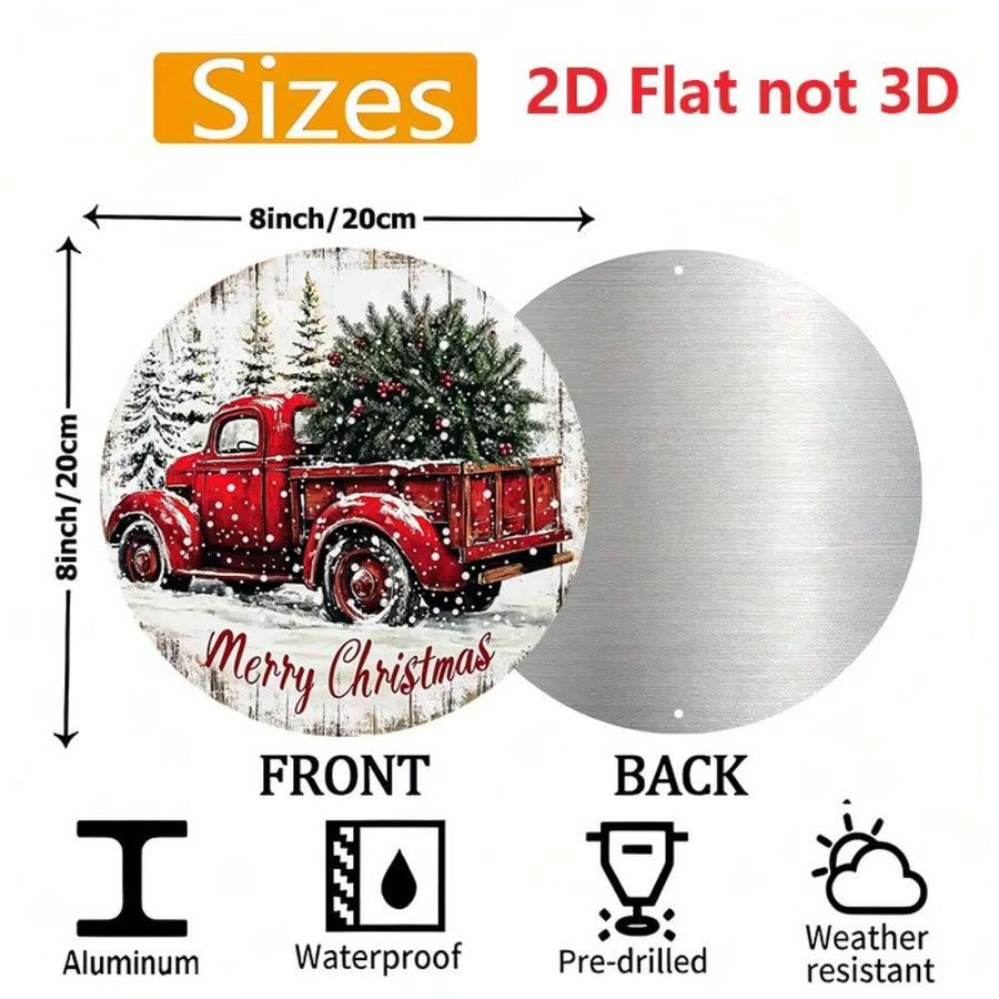 Rundes Vintage-Aluminiumschild von CIFBUY mit rotem LKW und Weihnachtsbaum als rustikale Dekoration, Durchmesser: 20,3 cm - Bild 2