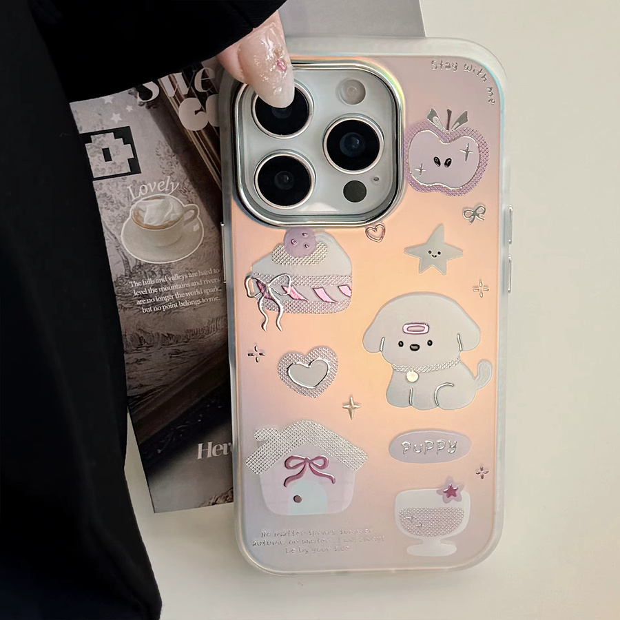 MUQGEW Stoßfeste iPhone Schutzhülle mit Cartoon Dessert Welpen Design und Gold-Laser-Überzug, Multicolor - Bild 2