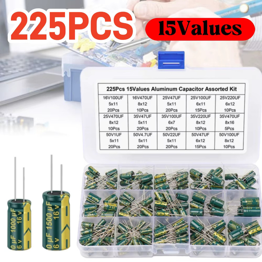 ALLOET 225-teiliges Aluminium-Elektrolytkondensator-Set mit 15 Werten, Hochfrequenz-Sortiment mit niedrigem ESR, multicolour - Bild 3