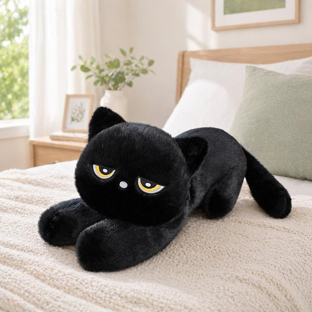 Yiran Health & Beauty Schwarzes Katzen Plüschkissen, Liegend - Bild 1