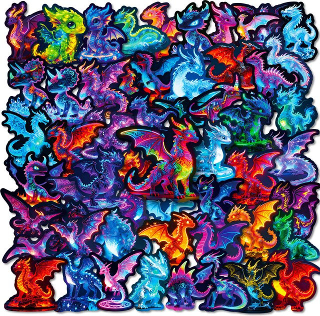 56 Stück Neon-Dinosaurier-Graffiti-Aufkleber in Multicolour als wasserfeste Cartoon-DIY-Abziehbilder für Wasserflaschen, Sammelalben und Handys - Bild 1