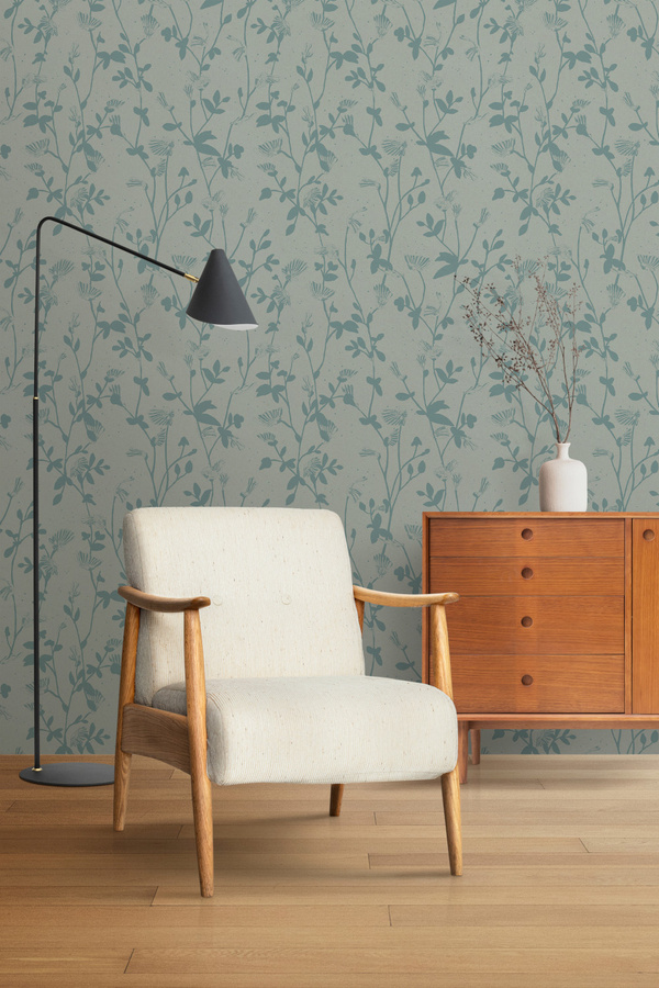 Sian Zeng Tapete Feather Plant in Aquamarine mit botanischem Floral-Design und Mid-Century-Stil aus Vlies - Bild 1