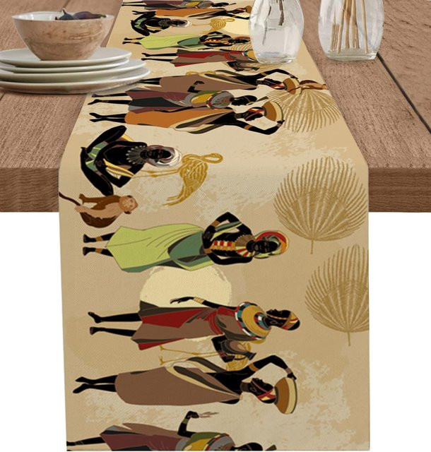 Beau Maison Tischläufer aus Leinen in Schwarz und Multicolour mit Ethno-Afrikanischem Design, Breite: 33 cm, Länge: 150 cm - Bild 1
