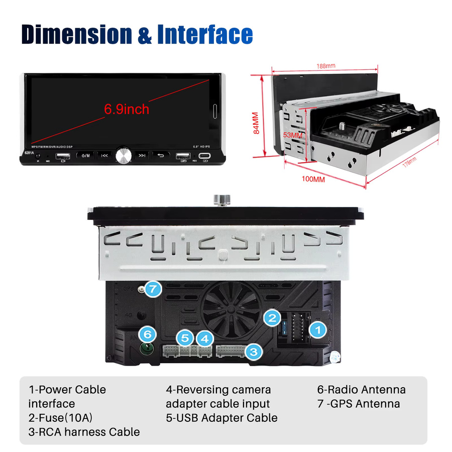 ESSGOO Android 15 Autoradio mit 6,9 Zoll Touchscreen, 4+64 GB, 1 DIN, kabelloses CarPlay, Android Auto, Bluetooth, GPS, WiFi und Lenkradsteuerung in Schwarz - Bild 5