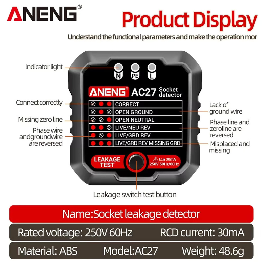 ANENG AC27 Steckdose Tester in Weiß zur Prüfung von Spannung, Nullleitung und Polarität - Bild 4