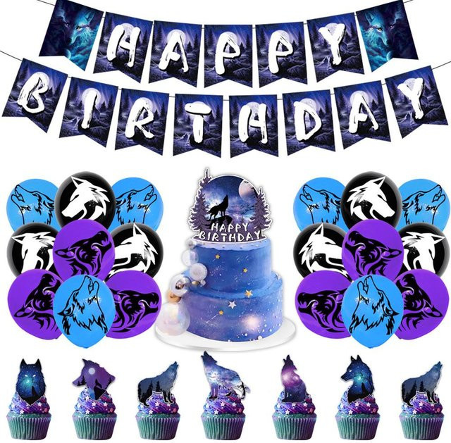 Skyfree Wolf Geburtstagsparty Dekoration Set in Schwarz mit Banner, Luftballons und Kuchenaufsatz, 44 Stück - Bild 1