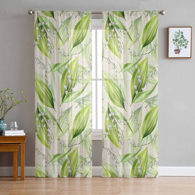 Super Six Chiffon Fenstervorhang mit Maiglöckchen-Blatt Muster in Beige und Grün, transparente Tüll Paneele, Breite: 135 cm, Höhe: 114 cm - Bild 1