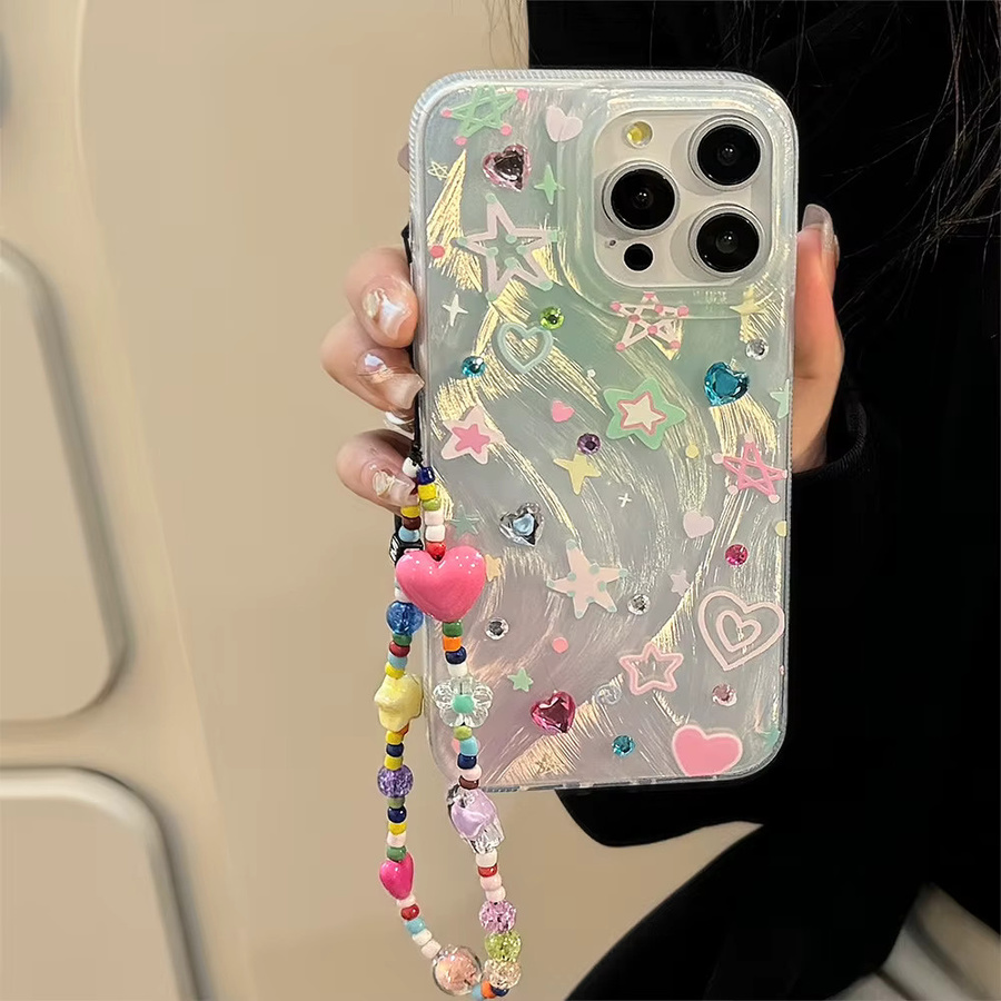 Bunte Sterne und Liebesherz Handyhülle mit Kette für dein iPhone 17 Air 16 15 14 13 12 11 Pro Max, stoßfeste Hartschale in Multicolour - Bild 3