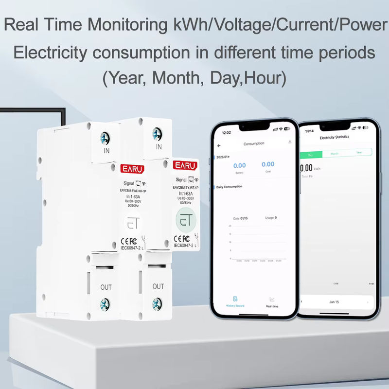 EARU Smart MCB Schutzschalter mit kWh Energiemesser und Spannungs-Stromschutz, WiFi ZigBee kompatibel, Weiß - Bild 4