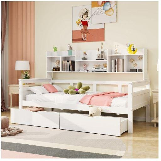 Schlafsofa MUVOE aus Massivholz in Weiß mit Schubladen und Regalen, Breite: 90 cm, Länge: 200 cm - Bild 1