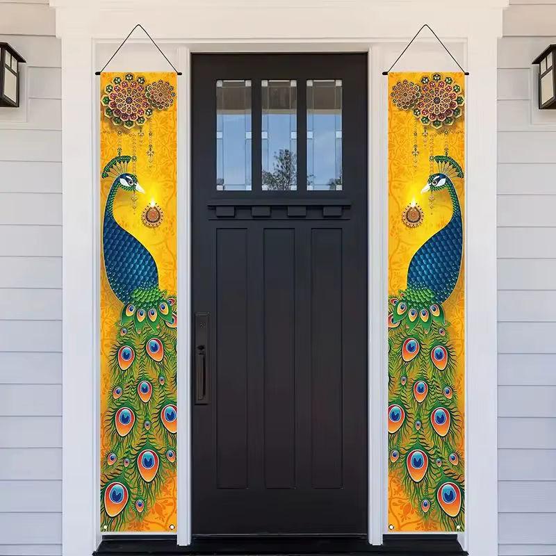 VIKAMA 2er Set Lantern Festival Gateway Banner mit Pfau-Motiv, orientalische Willkommensschilder zur Partydekoration, mehrfarbig und weiß, H: 180 cm, B: 30 cm, T: 30 cm - Bild 2
