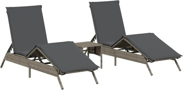 vidaXL Sonnenliegen Set mit Tisch aus Poly Rattan in Grau mit verstellbarer Rückenlehne und Sonnendach - Bild 1