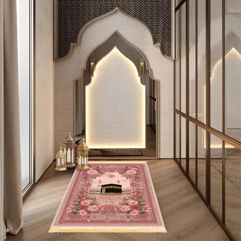 VIKAMA Muslimischer Gebetsteppich mit rosa Herz-Print und floralem Design, faltbare und waschbare islamische Reisematte in Pink - Bild 3