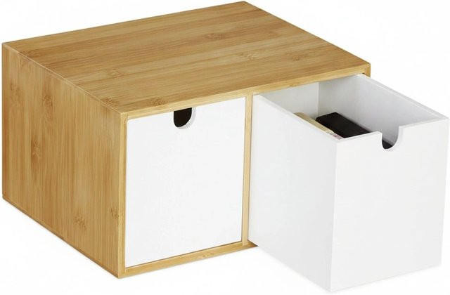 Relaxdays Schreibtisch Organizer aus Bambus und MDF mit 2 Schubladen in Weiß, B/T/H: 24,5 x 14,5 x 20,0 cm - Bild 1