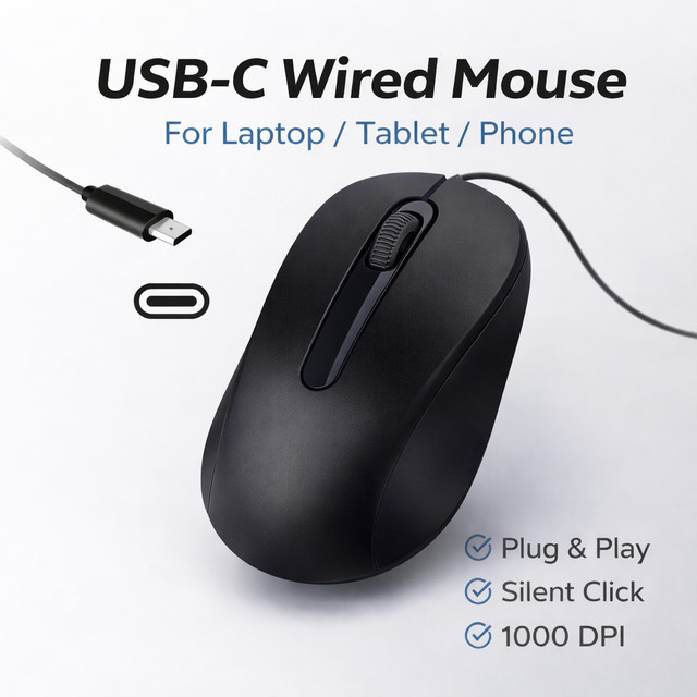 LISCN USB-C-Maus mit Kabel in Schwarz, leiser Klick, 1000 DPI, Plug-and-Play für Laptop, Tablet und Smartphone, kompatibel mit Mac, Windows und Android - Bild 1