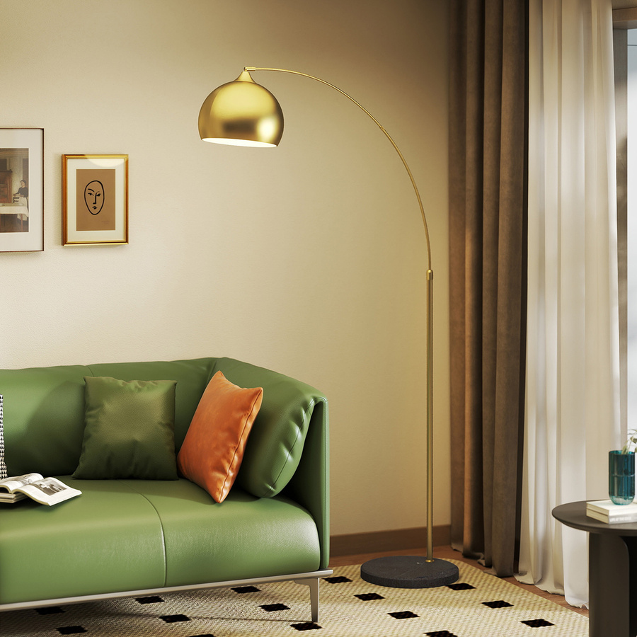 HOMCOM Bogenstehlampe in Gold mit Marmorsockel und kugelförmigem Schirm, höhenverstellbar, E27, Höhe: 180 cm - Bild 2