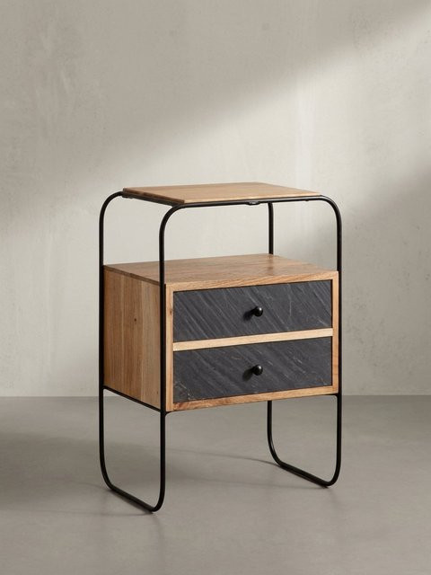 KADIMA DESIGN Nachttisch aus Akazie Massivholz in Steinoptik mit 2 Schubladen und Metallgestell, Farbe: Braun, B/T/H: 40 x 30 x 60 cm - Bild 1