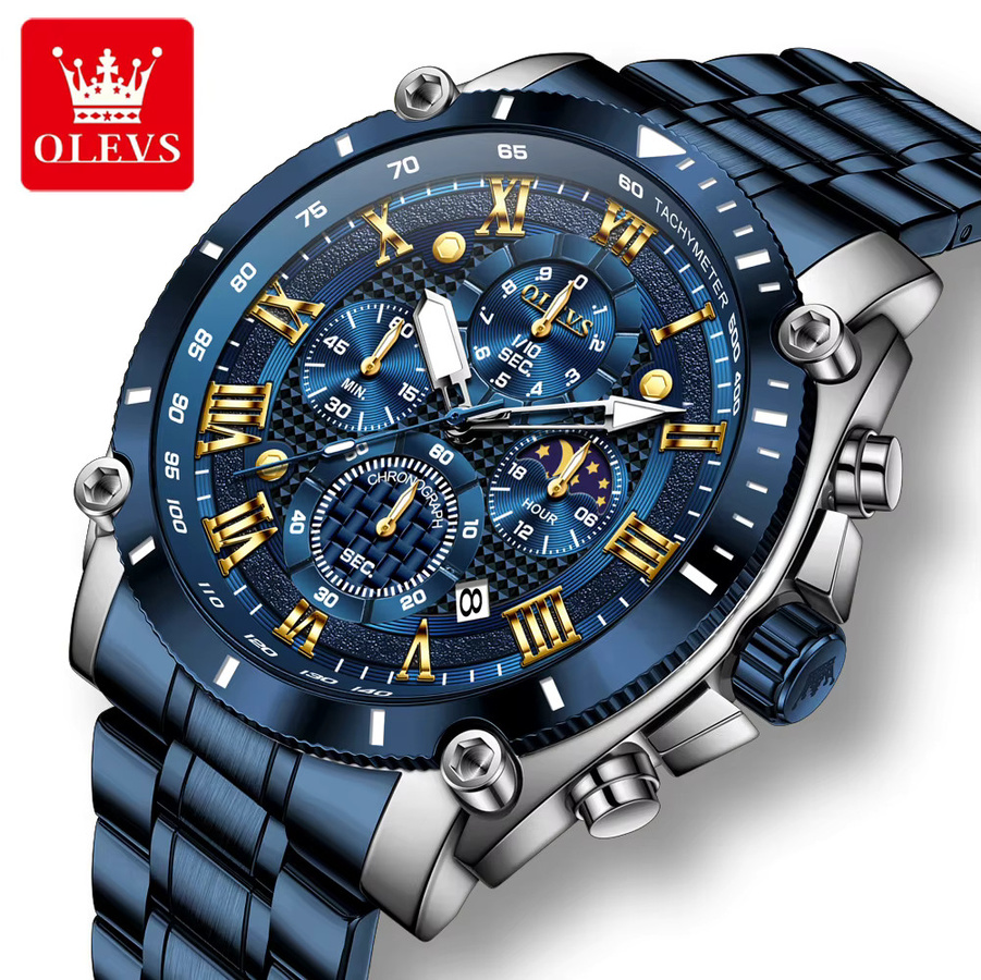 OLEVS Chronograph, Mondphase, Quarz, Edelstahl, Schwarz, Herren - Bild 4