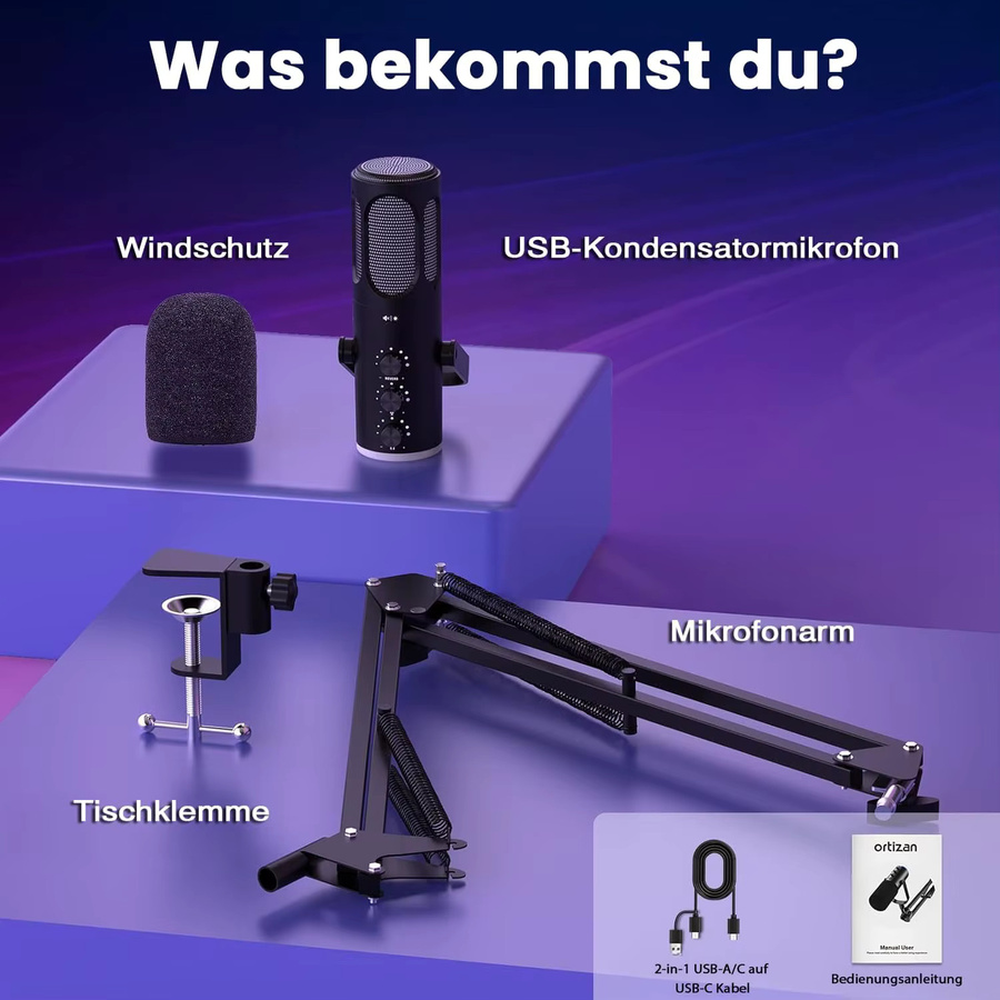 Ortizan Gaming-Mikrofon USB-Kondensatormikrofon in Schwarz für PC, PS4/5 und Mac mit Geräuschunterdrückung, Stummschaltung, Reverb, verstellbarem Arm und Pop-Filter - Bild 6