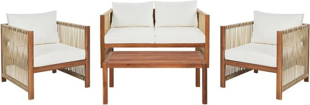 Beliani Lounge Set aus Akazienholz in Heller Holzfarbe und Beige mit 2er Sofa, Sesseln und Couchtisch - Bild 1