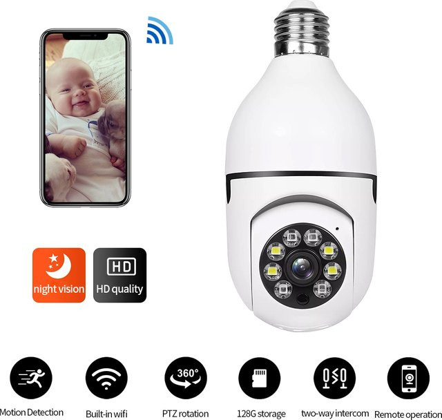 PYLV E27 WLAN Glühbirnen-Überwachungskamera mit 2MP Auflösung, 360° Panorama, Menschenerkennung und Nachtsicht in Weiß - Bild 1