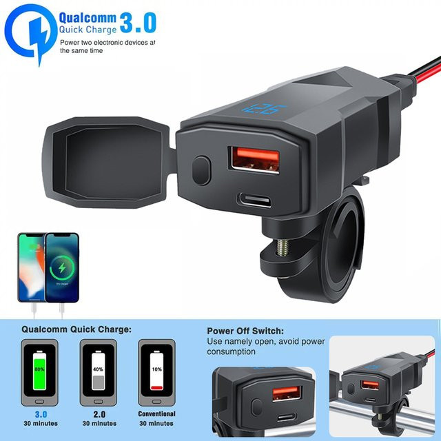Wasserdichtes Motorrad USB-Ladegerät mit QC3.0 Schnellladefunktion und Schalter in Schwarz für den Lenker - Bild 1
