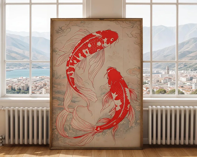 SHENCHEN Wandposter Roter Koi-Fisch im japanischen Ukiyo-e-Stil als orientalisches Wandbild aus Papier - Bild 1