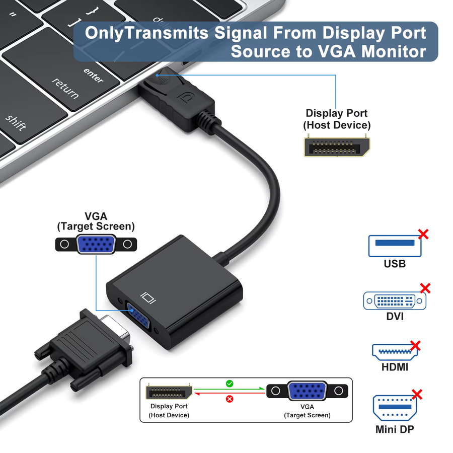 DisplayPort zu VGA Adapterkabel in Schwarz für PC, Laptop und Monitor mit 1080P Auflösung - Bild 5