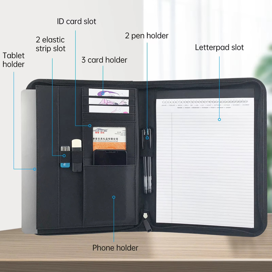 Bisofice Business Padfolio A4 Portfolio-Organizer aus PU-Leder mit Reißverschluss in Schwarz - Bild 5