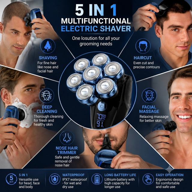 sejoy Elektrorasierer 5-in-1, IPX7 Wasserdicht, Blau, Herren - Bild 1