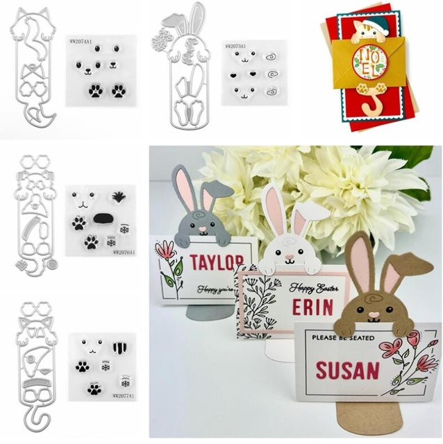 Metall-Stanzformen mit Tiergesichtern für DIY-Scrapbooking und Lesezeichen: Osterhase, Katze, Hund und Fuchs - Bild 1
