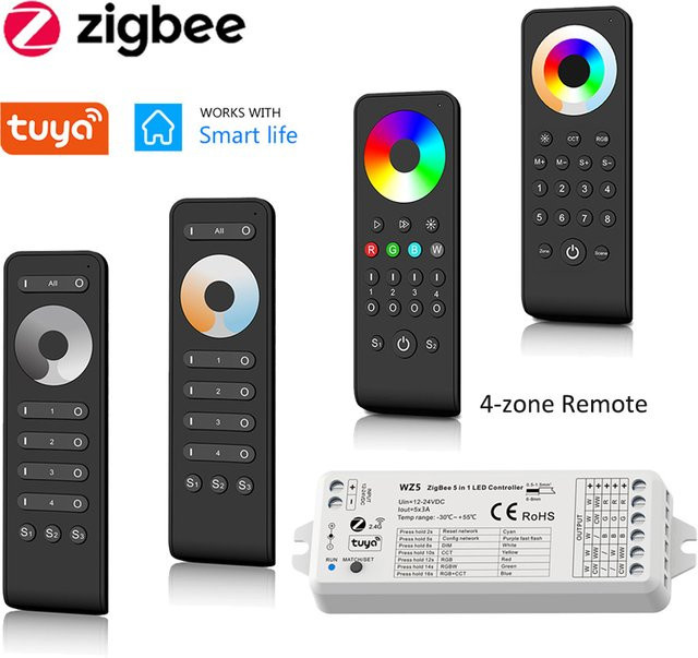 CENFAYA 5-in-1 Tuya Zigbee 3.0 LED-Controller Dimmer für RGBW RGB+CCT RGBCW Streifen mit Fernbedienung, kompatibel mit Alexa, Google Home und Smart Life App, 12V 24V - Bild 1