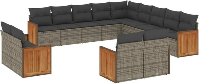 vidaXL 13-tlg. Garten-Sofagarnitur in L-Form aus Poly-Rattan und Akazienholz in Grau mit Kissen und Stauraum Modell 37 - Bild 1