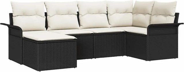 vidaXL Garten-Sofa-Set 6-teilig aus Poly-Rattan in Schwarz mit Kissen und Fußhocker - Bild 1