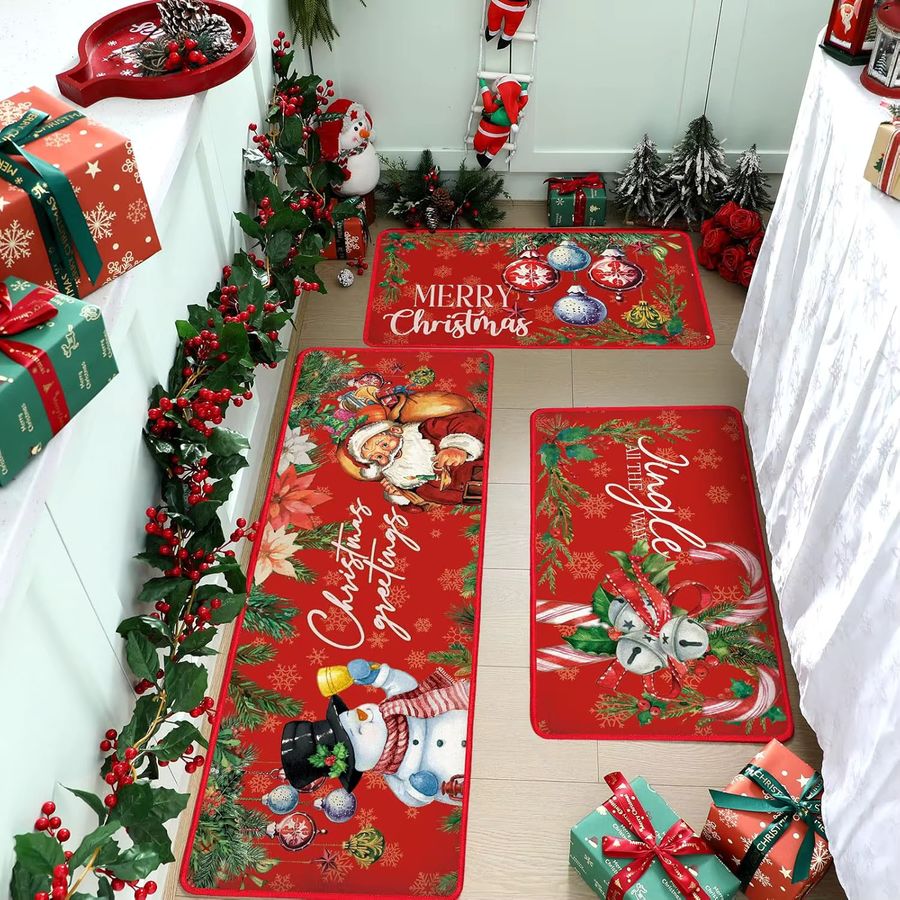 VIKAMA 3er Set Weihnachts-Fußmatten in Rot, rutschfeste und wasserabsorbierende Druckteppiche für Eingang, Küche oder Bad - Bild 2