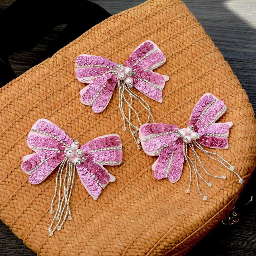 Niedlicher Schleifenknoten-Aufnäher in Pink mit Perlenquaste und Pailletten für Kleidung und Taschen zur DIY-Dekoration - Bild 2
