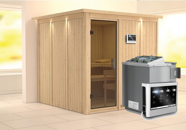 Karibu Sauna Rikka Bio-Kombisauna aus Fichte und Espe mit 9,0 kW BioKombiofen, externem Steuergerät, LED-Dachkranz und Ganzglastür in Grau/Braun, B/T/H: 196 x 198 x 196 cm - Bild 1
