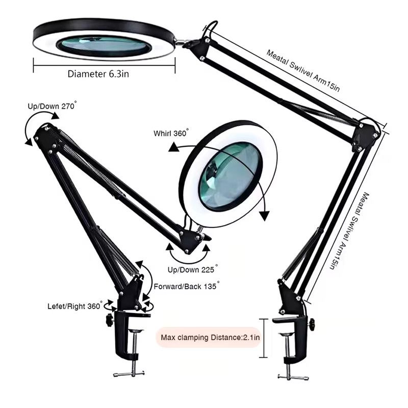 DOUWENXI Höhenverstellbare Lupe-Schreibtischlampe mit klappbarem Ring in Black Shell, USB-Klemmleuchte mit einstellbarer Farbtemperatur 3800K-6800K für Büro und Maniküre - Bild 2