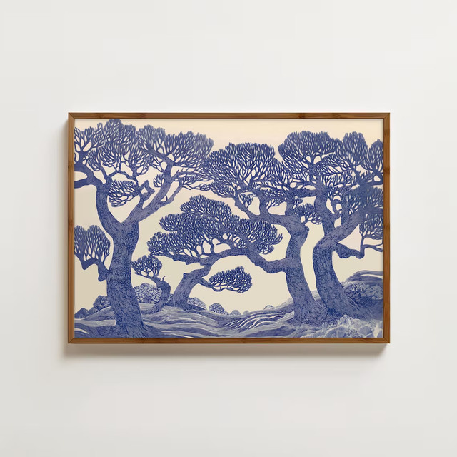 Vintage Eichenbaum-Druck von SHENCHEN als blaues Linocut-Waldlandschaftsgemälde und botanisches Poster mit Tieren auf Papier - Bild 1