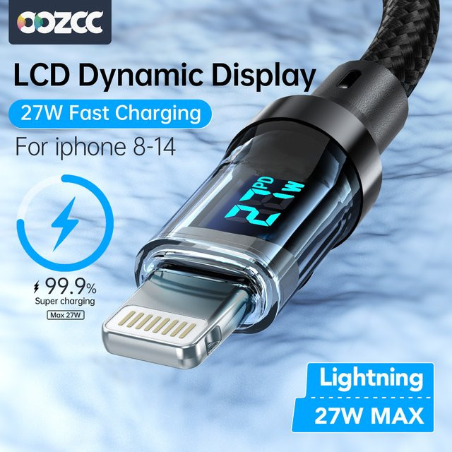 OOZCC PD 27W MAX Schnellladekabel mit LCD-Anzeige und transparentem Gehäuse, USB-A auf Lightning für iPhone, Datenübertragung - Bild 1