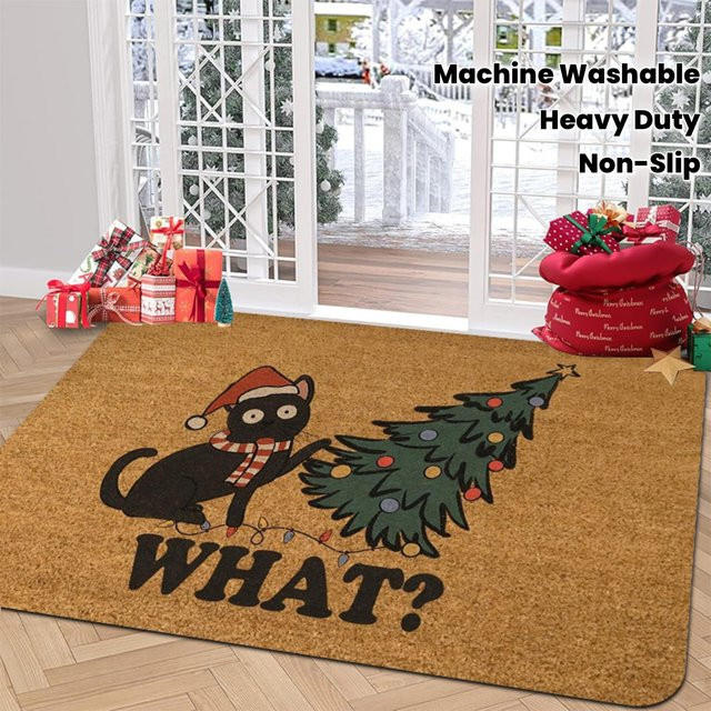 VIKAMA Teppich mit schwarzer Katze und Weihnachtsbaum-Muster in Schwarz und Braun, weiche Bodenmatte für Schlafzimmer und Eingangsbereich - Bild 1