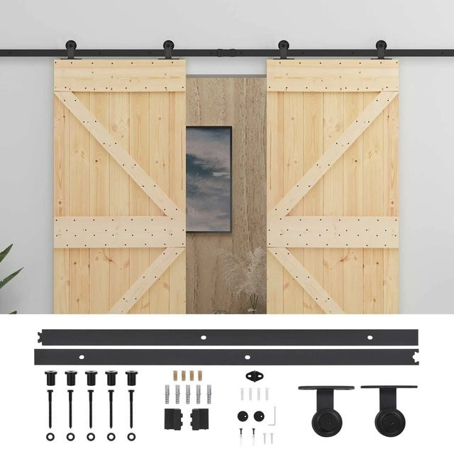 vidaXL Schiebetür Set aus massivem Kiefernholz in Natur und Schwarz, Höhe: 210 cm, Breite: 5,5 cm, Tiefe: 29,49 cm - Bild 1