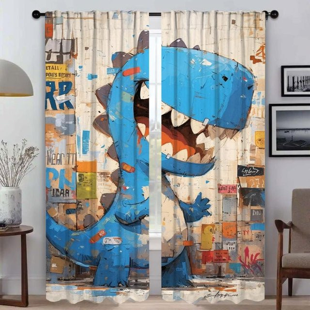 2er-Set Tyrannosaurus Moskitonetze aus Tüll in Blau, halbtransparent Verdunkelungsvorhänge für Schlafzimmer und Wohnzimmer, Breite: 50 cm, Höhe: 70 cm - Bild 1