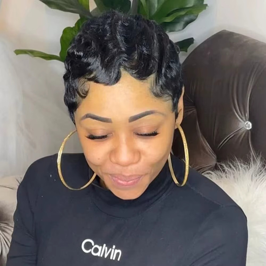OYM HAIR Perücke, kurze Fingerwellen-Echthaar-Perücke, Pixie-Schnitt, Damen - Bild 3
