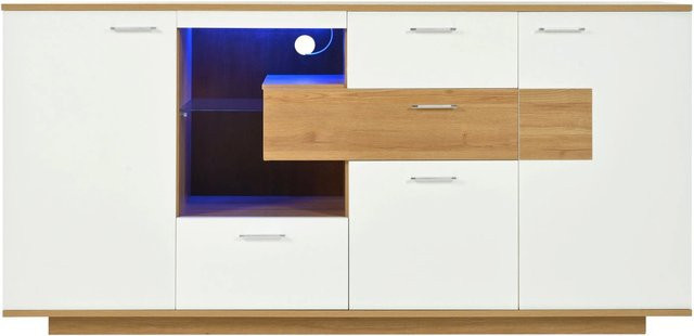 okwish Sideboard Modern mit LED-Beleuchtung, Schubladen und Glasablage in Weiß, B/T/H: 160 x 40 x 77 cm - Bild 1